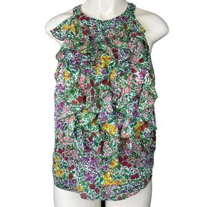 Eci Floral Ruffle Front Tank Top High Neck Cut Out Back Size 6